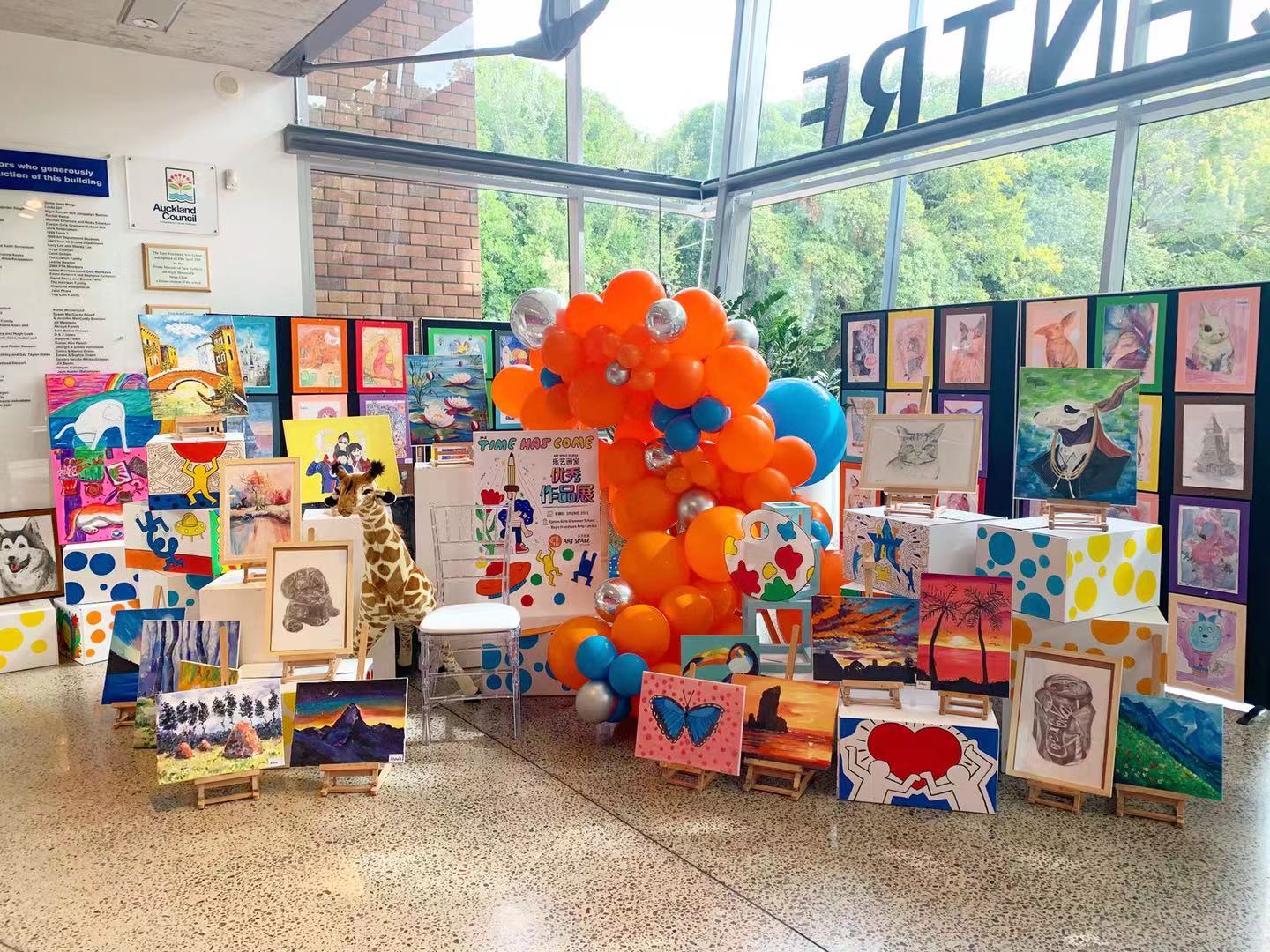 Student artworks displayed at an Art Space Studio exhibition in Auckland