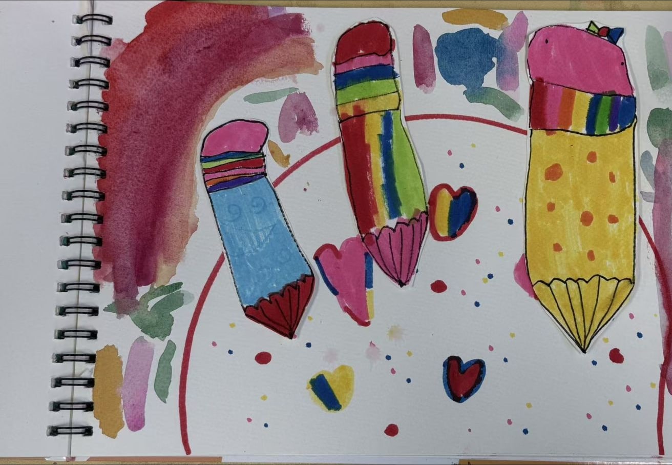 Colourful Stationery Drawing by a Discovery Class student at Art Space Studio Auckland