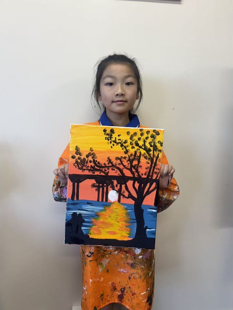 Sunset tree silhouette painting by a Foundation Class student at Art Space Studio Auckland