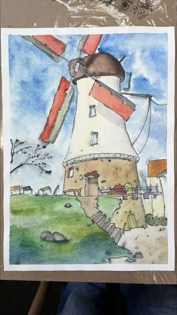 Countryside Windmill Illustration by a Foundation Class student at Art Space Studio Auckland