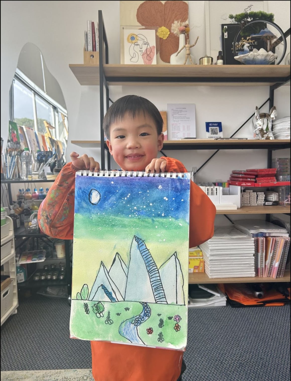 Whimsical Cat Landscape Drawing by a Discovery Class student at Art Space Studio Auckland