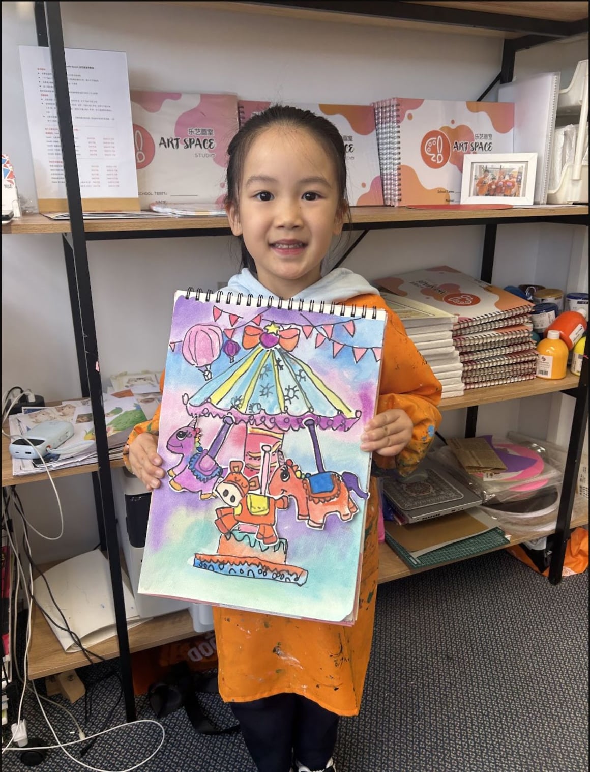 Colourful Carousel Drawing by a Beginner Class student at Art Space Studio Auckland