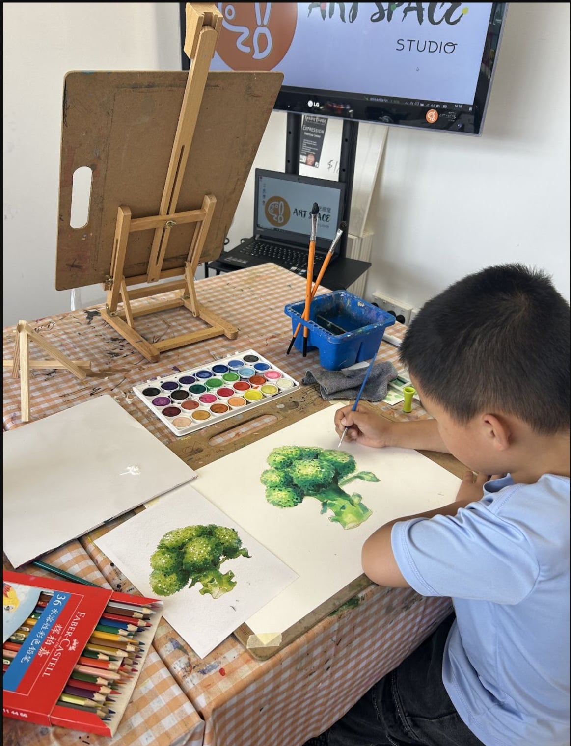 Broccoli Watercolour Study in Progress by an Intermediate Class student at Art Space Studio Auckland