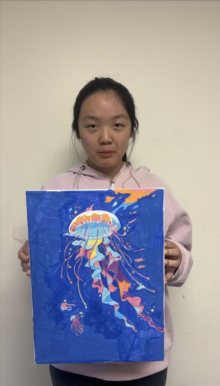 Blue Jellyfish Painting by an Intermediate Class student at Art Space Studio Auckland