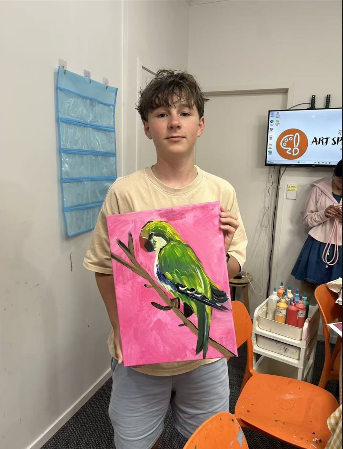 Green Parrot Acrylic Painting by an Advanced Class student at Art Space Studio Auckland