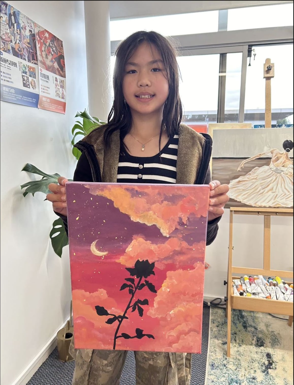 Sunset Botanical Silhouette Painting by an Advanced Class student at Art Space Studio Auckland