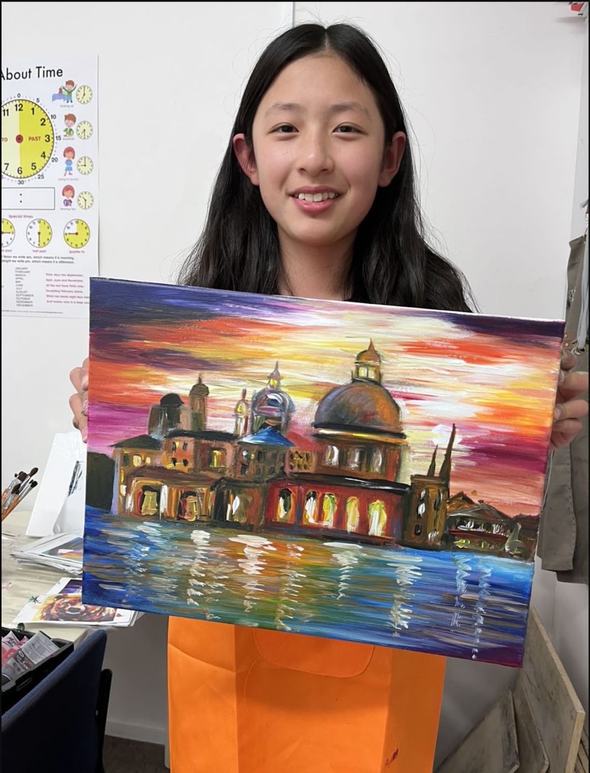 Sunset European Townscape Painting by an Advanced Class student at Art Space Studio Auckland