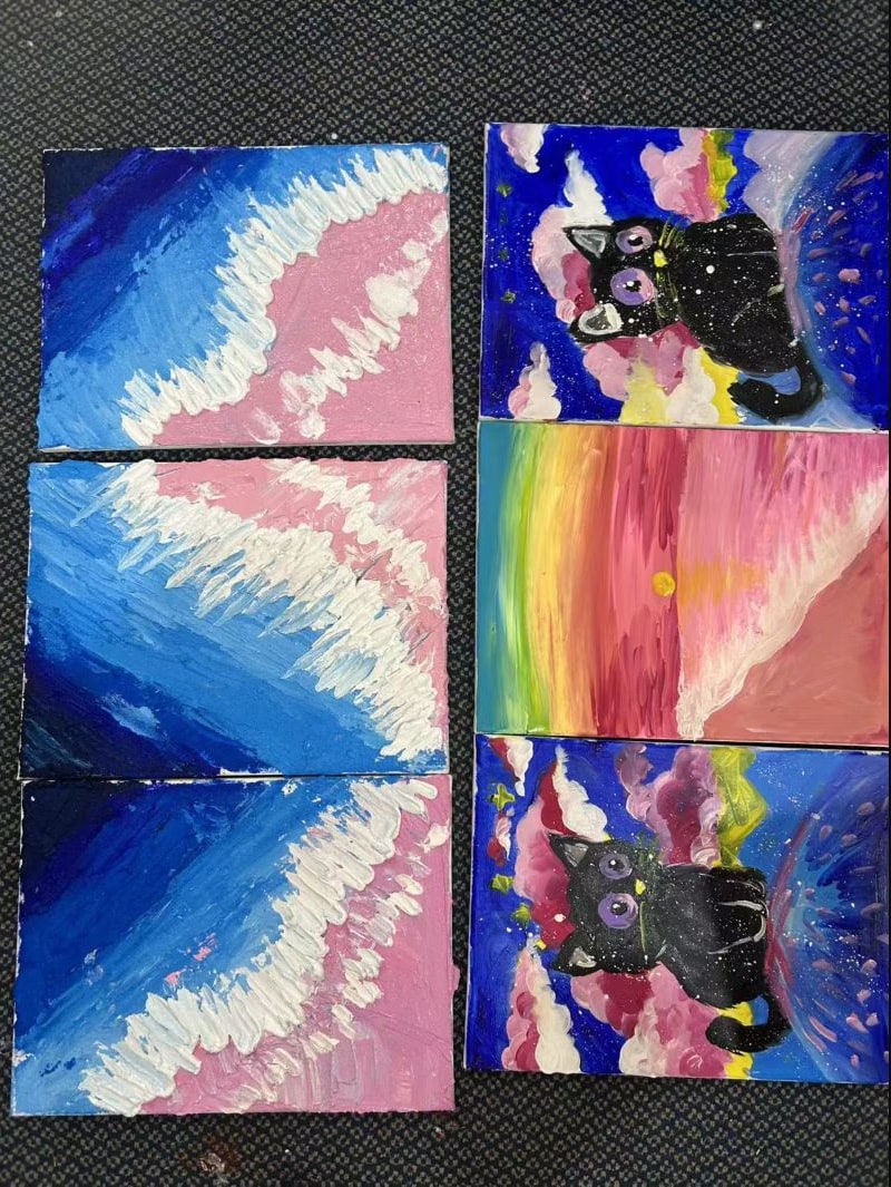 Colourful marbling art display from the Holiday Program at Art Space Studio Auckland