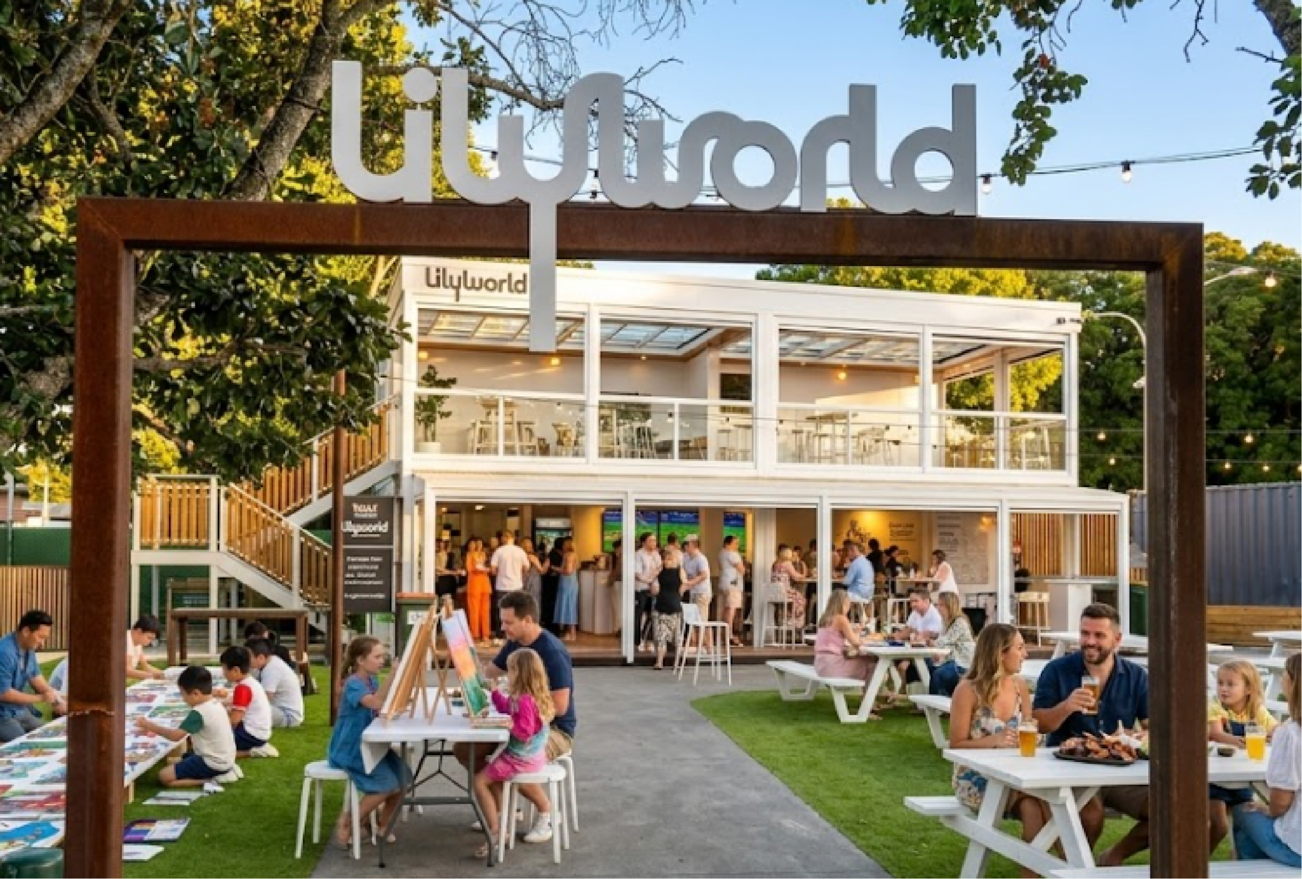 Families enjoying art and food in the Lilyworld garden setting