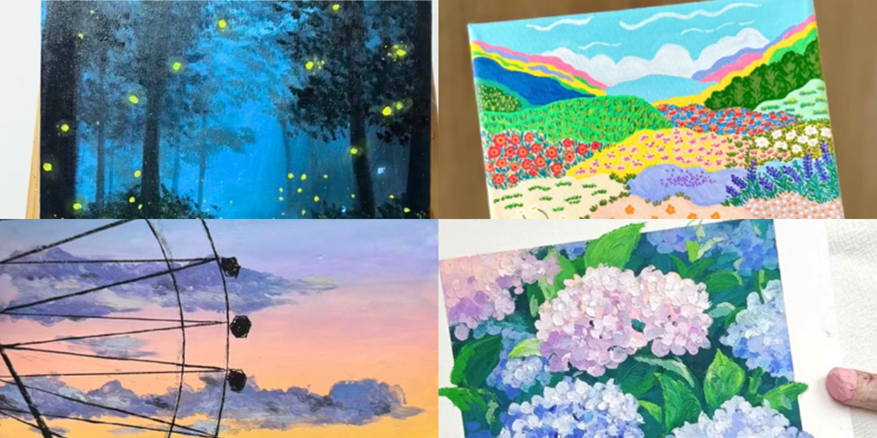 Fireflies, a floral landscape, a Ferris wheel and hydrangeas from the Term 3 programme artwork