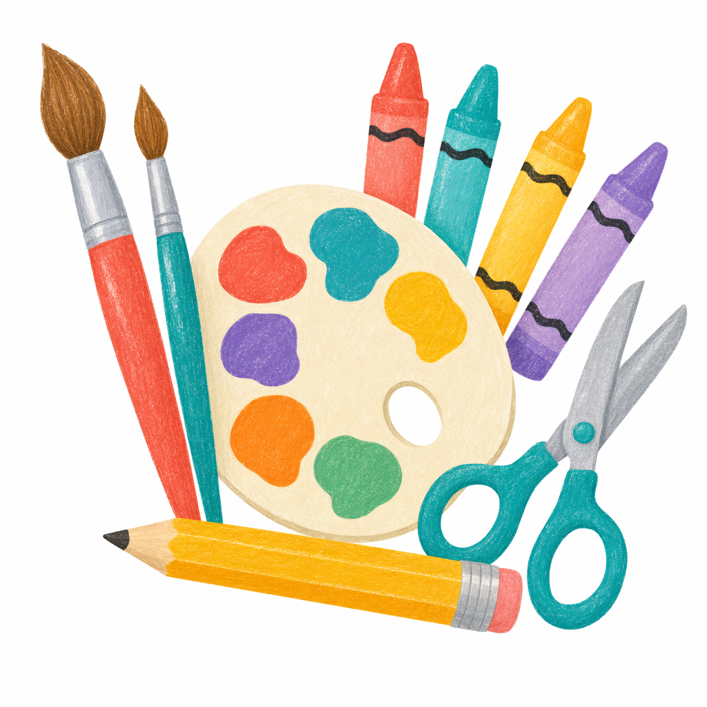 Friendly illustration of children's art supplies: paint brushes, a paint palette, crayons, a pencil and scissors