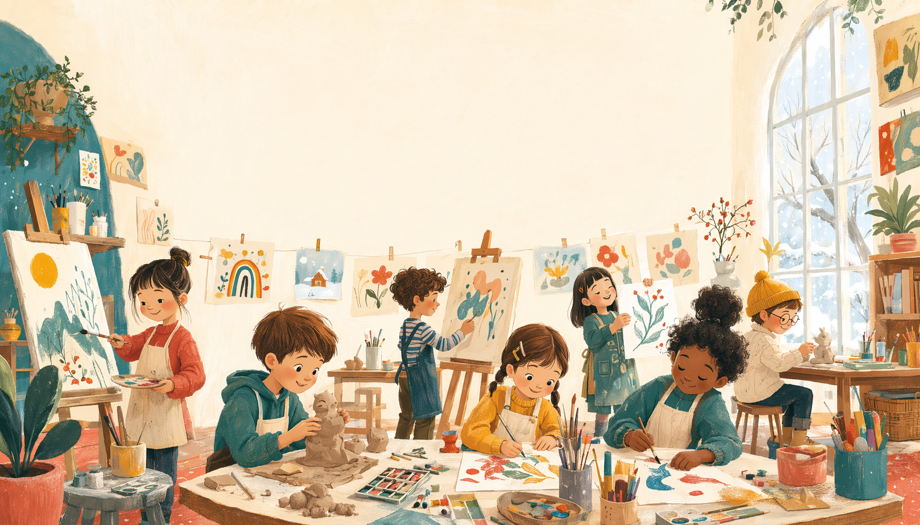 Children painting and doing arts and crafts together in a bright, warm Art Space Studio classroom during the Auckland July school holidays