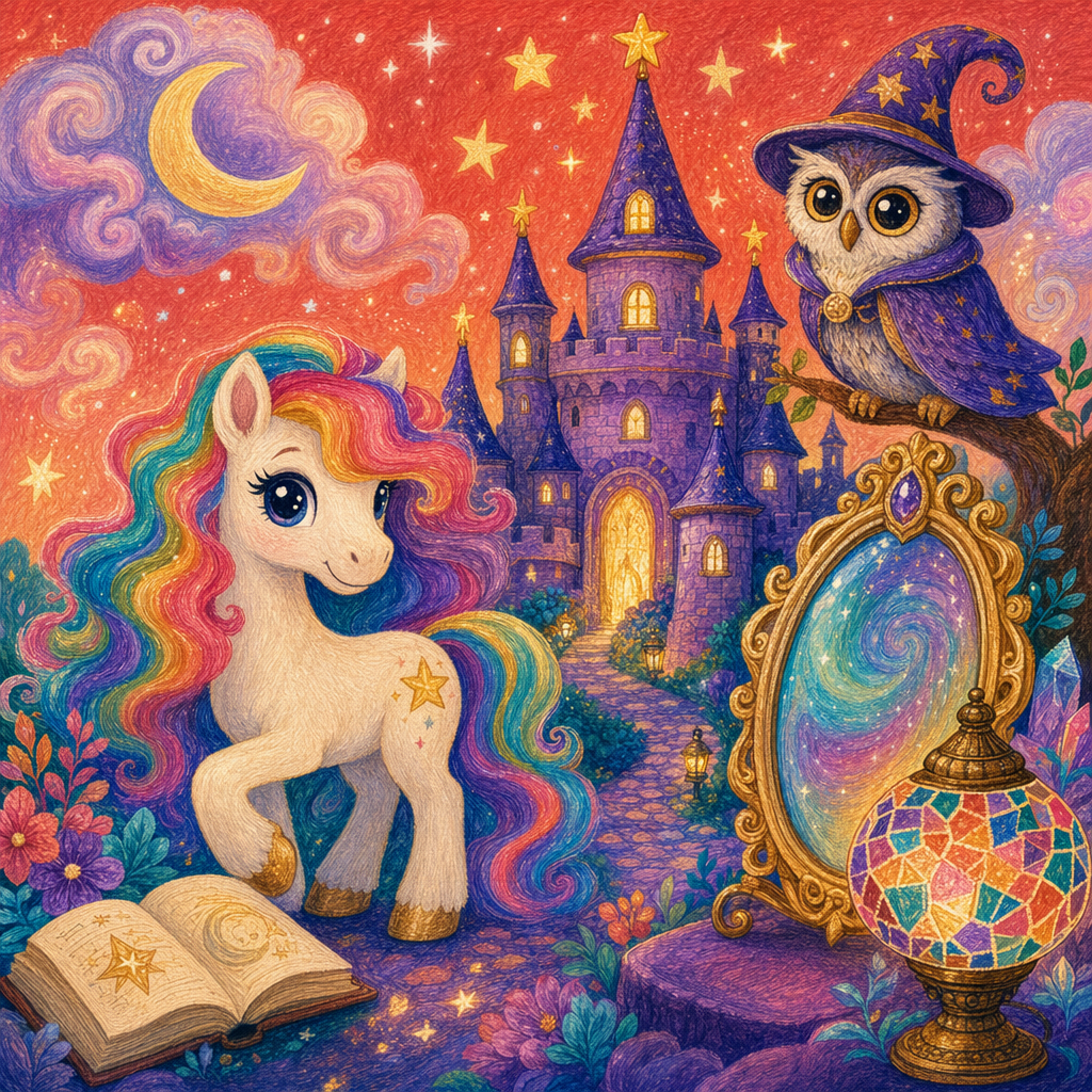Magic World themed art week illustration with a magic pony, wizard castle and mystical owl