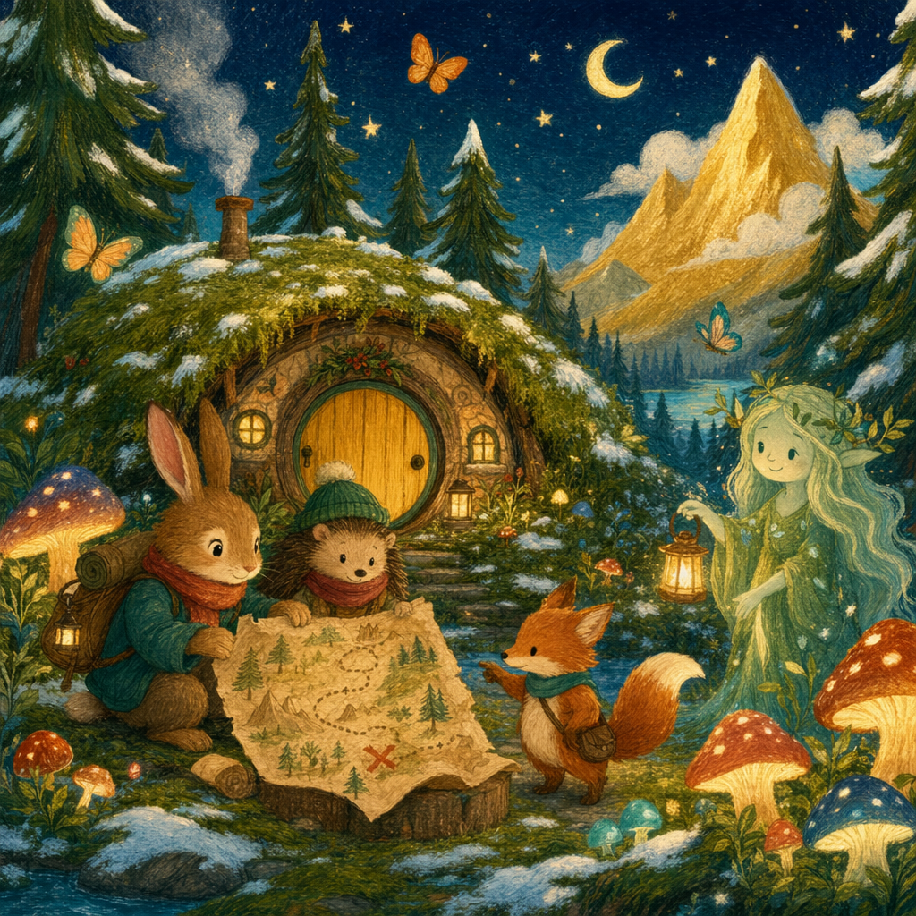 Forest Adventure themed art week illustration with a hobbit house, glowing mushrooms and forest spirit