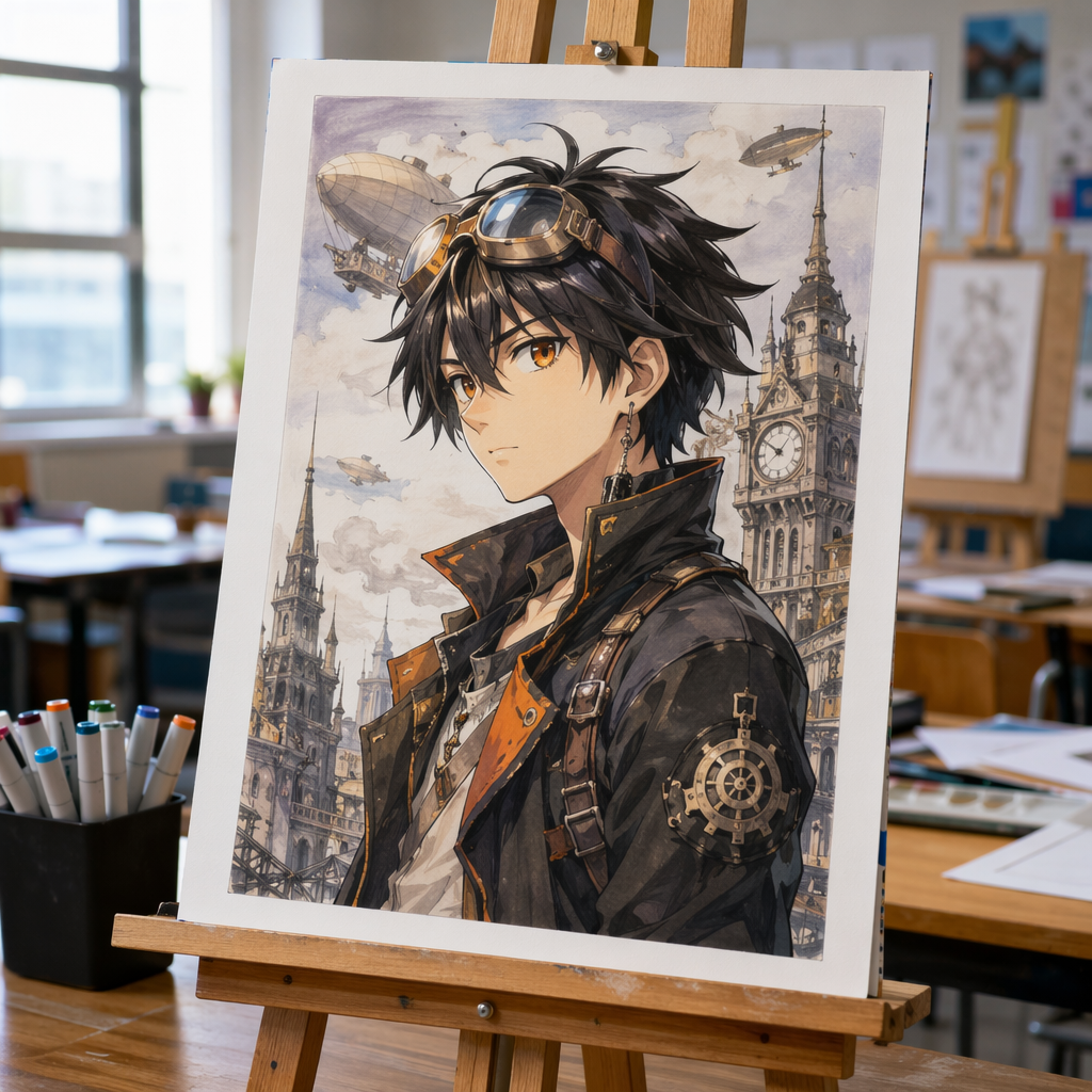 Photograph of a student's manga character artwork on an easel at Art Space Studio