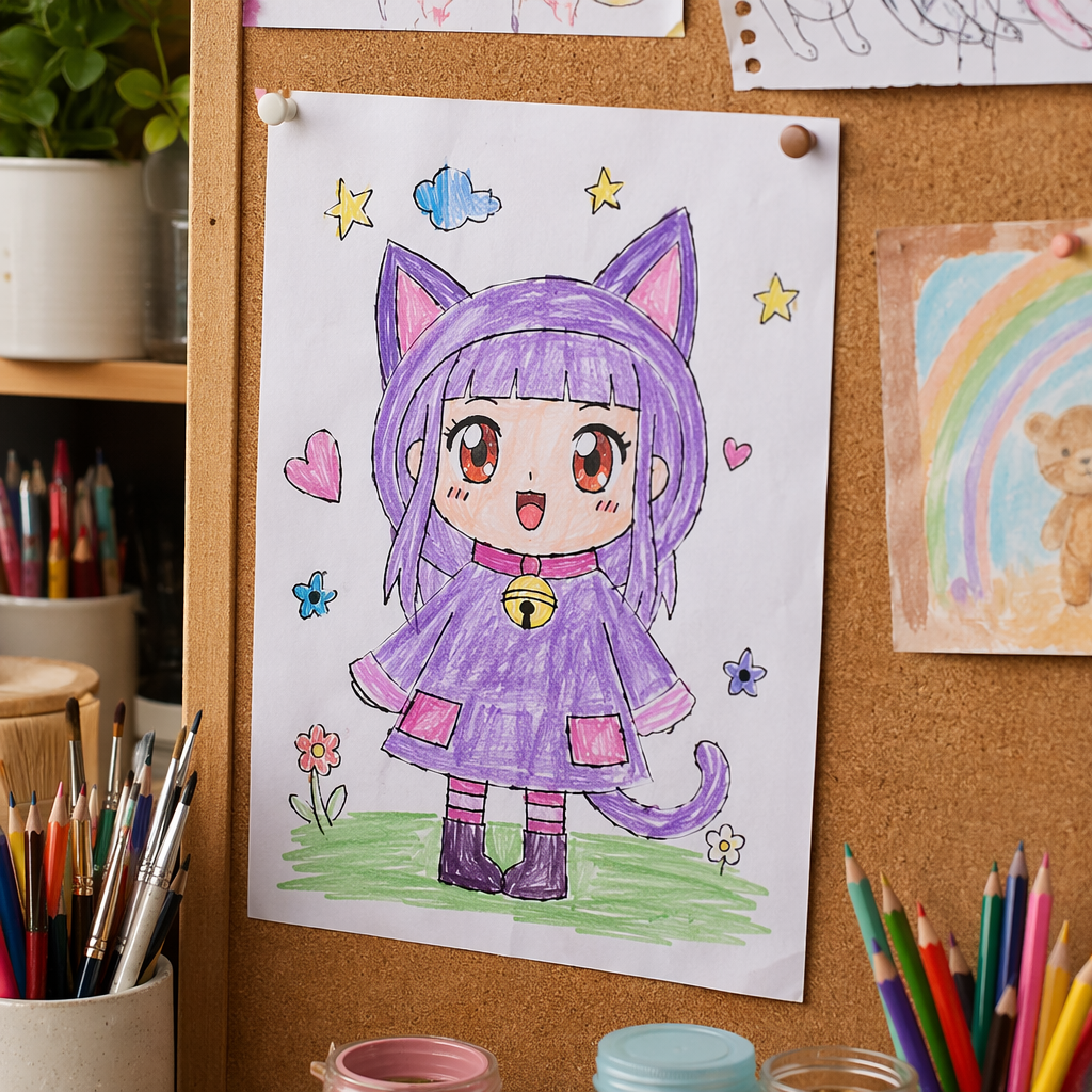 Photograph of a young student's chibi character drawing at Art Space Studio