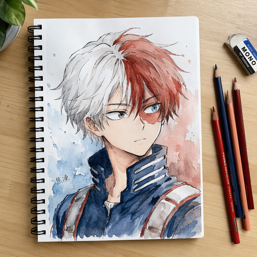 Photograph of a student's anime portrait artwork at Art Space Studio