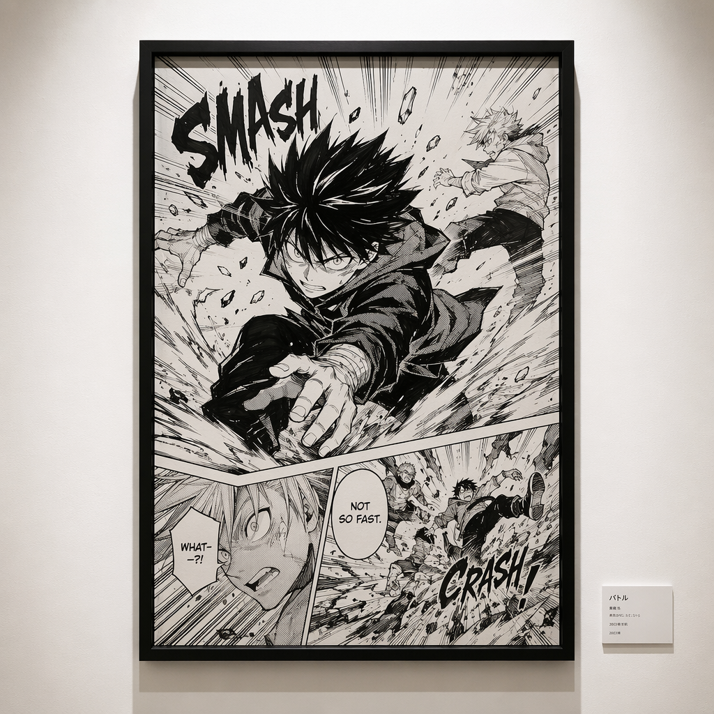 Photograph of a student's framed manga action-scene artwork at Art Space Studio