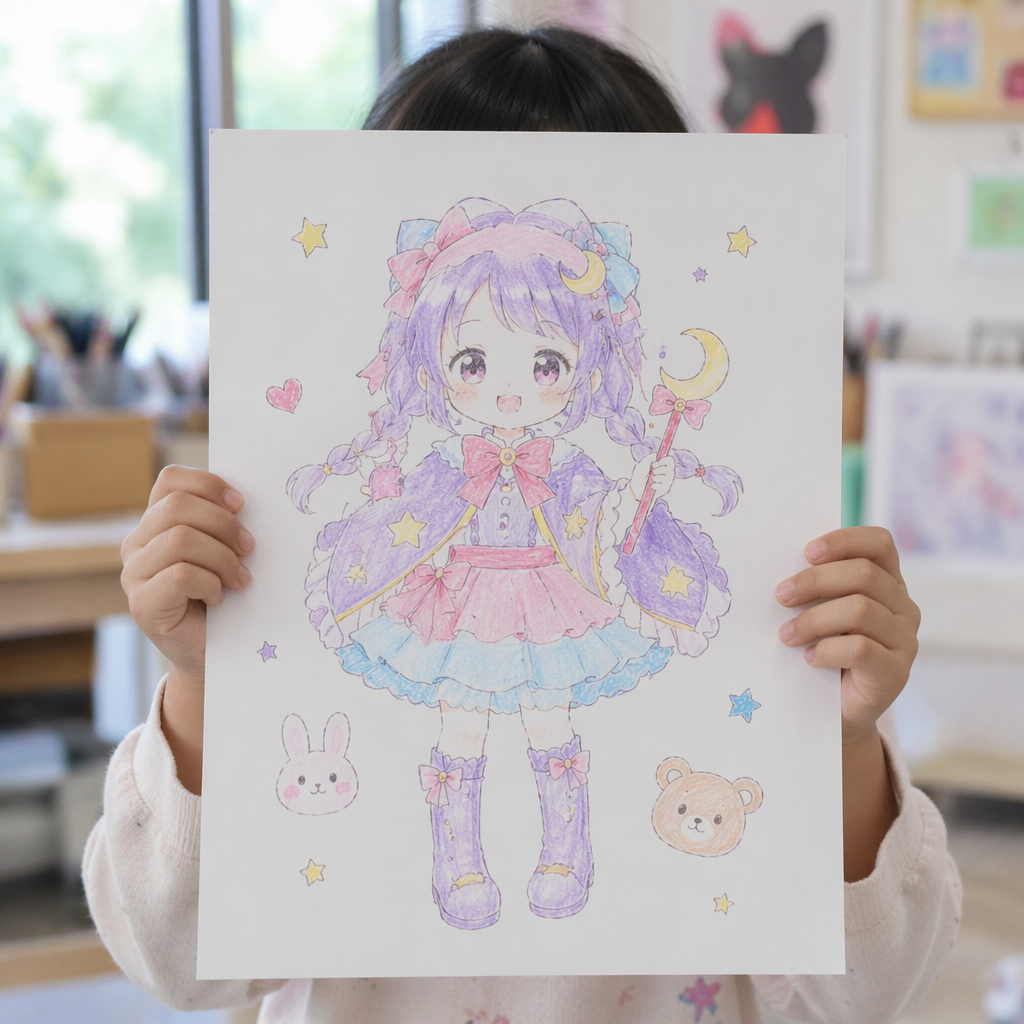 Photograph of a student holding their pastel anime artwork at Art Space Studio
