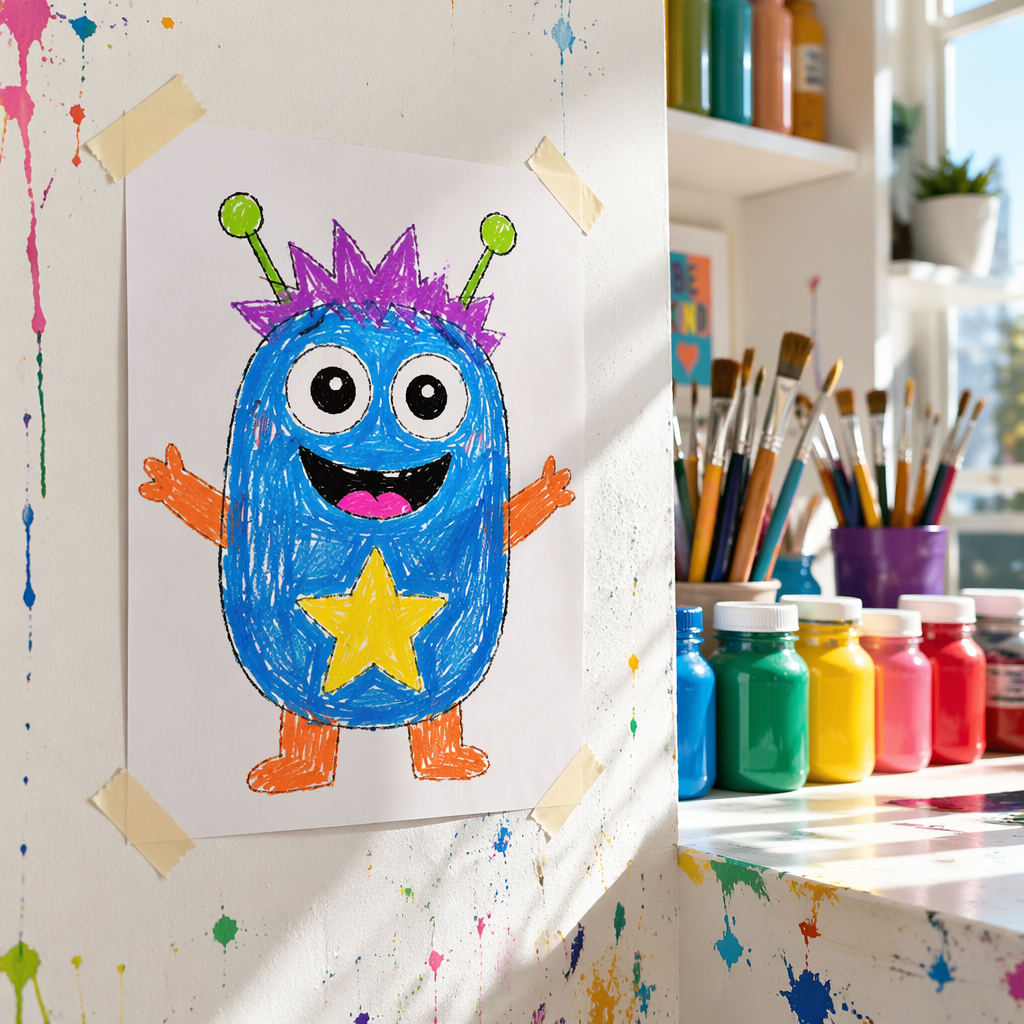 Photograph of a young student's mascot character artwork at Art Space Studio