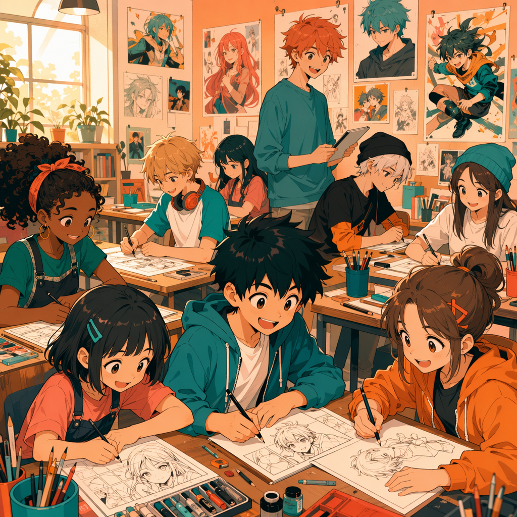 Kids and teens learning to draw manga characters at Art Space Studio manga drawing class in Auckland